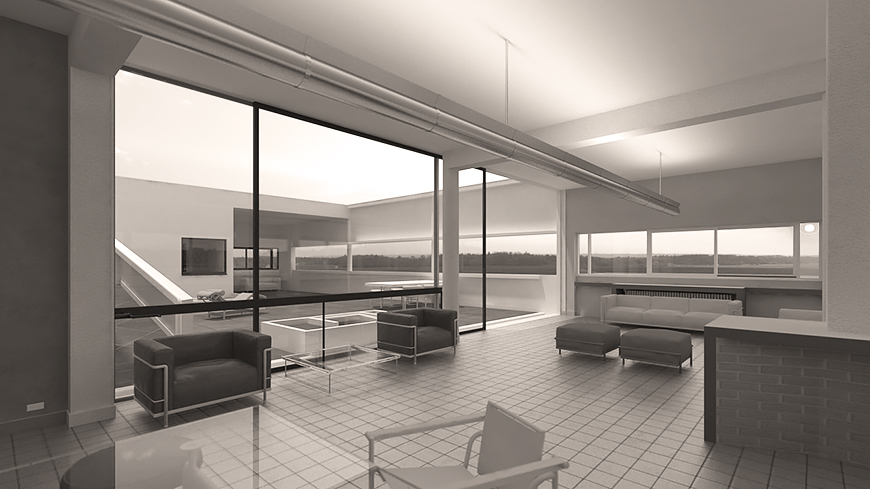 3D exterior and interior rendering of architecture, villa savoye, virtual building, international style virtual museums cultural heritage cultural sites and historical monuments 3D technology Virtual Reality